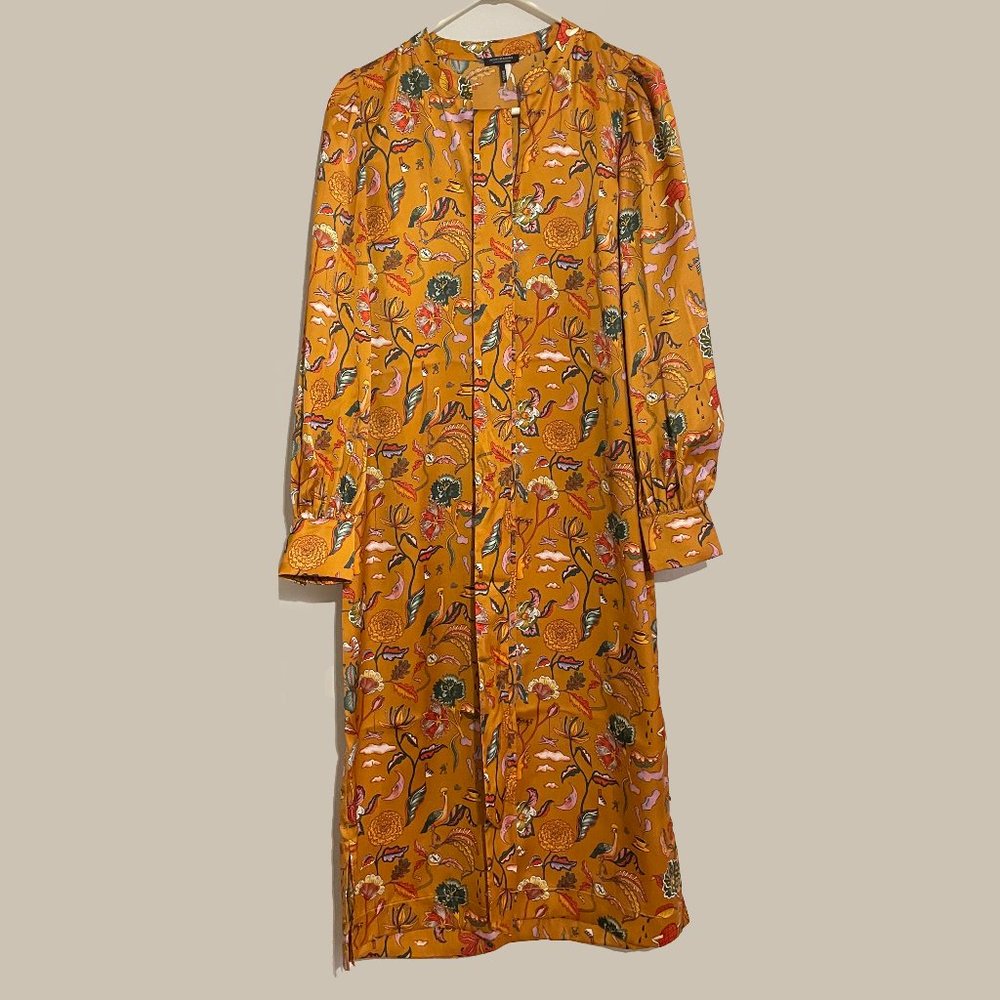Printed midi-length dress with waist tie